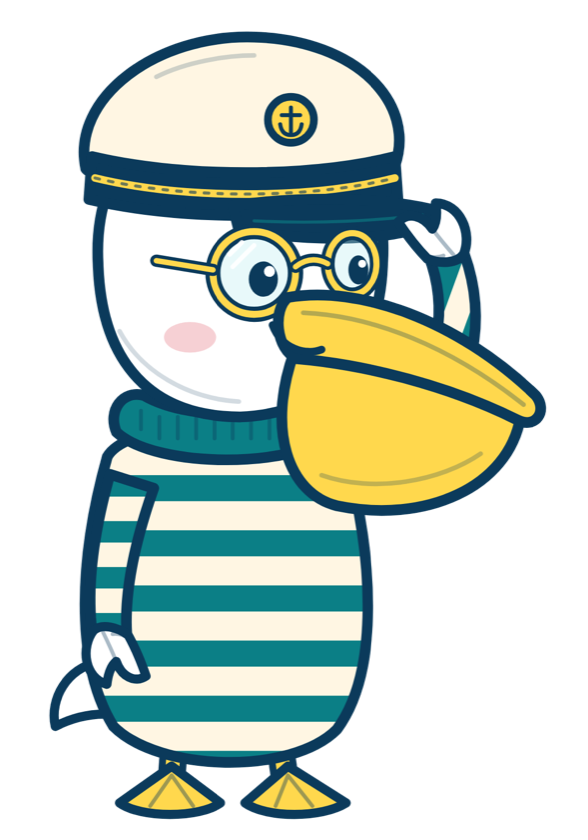 Cap'n Scoop, a pelican in a captain's hat, saluting